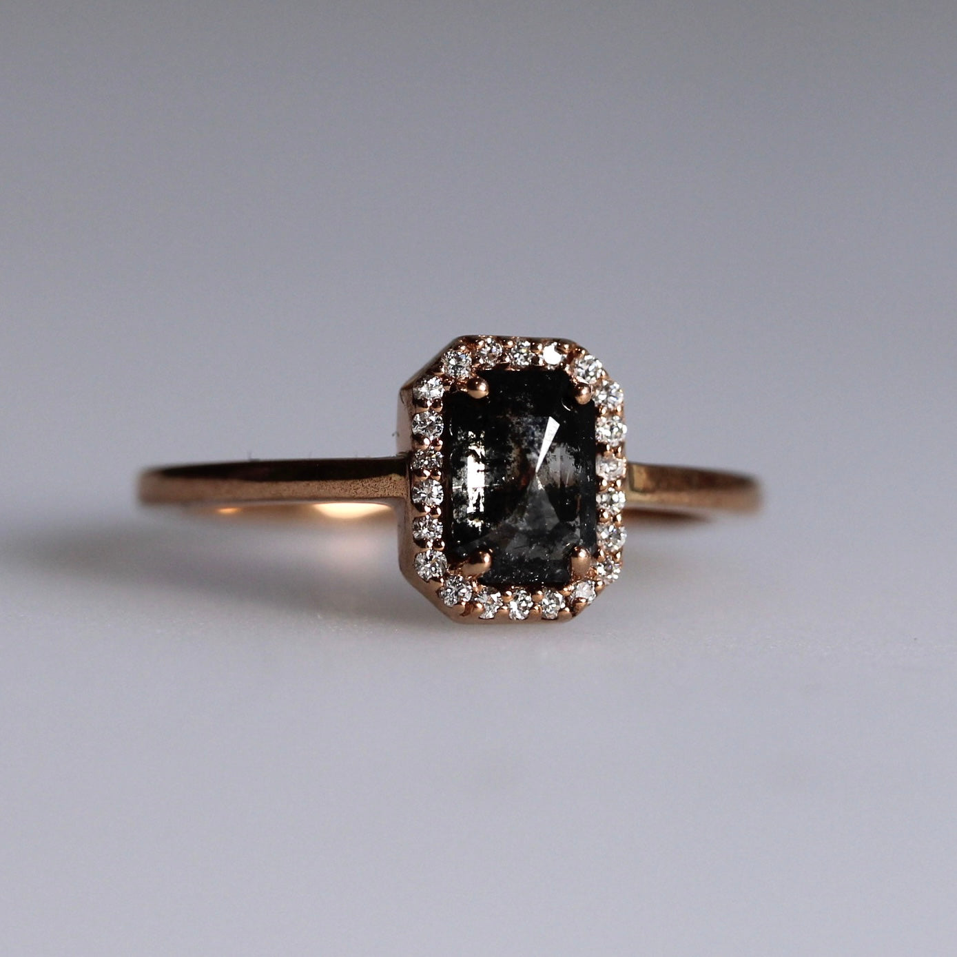 Bespoke 2024 -  Emerald Cut Salt + Pepper Halo - Rose Gold