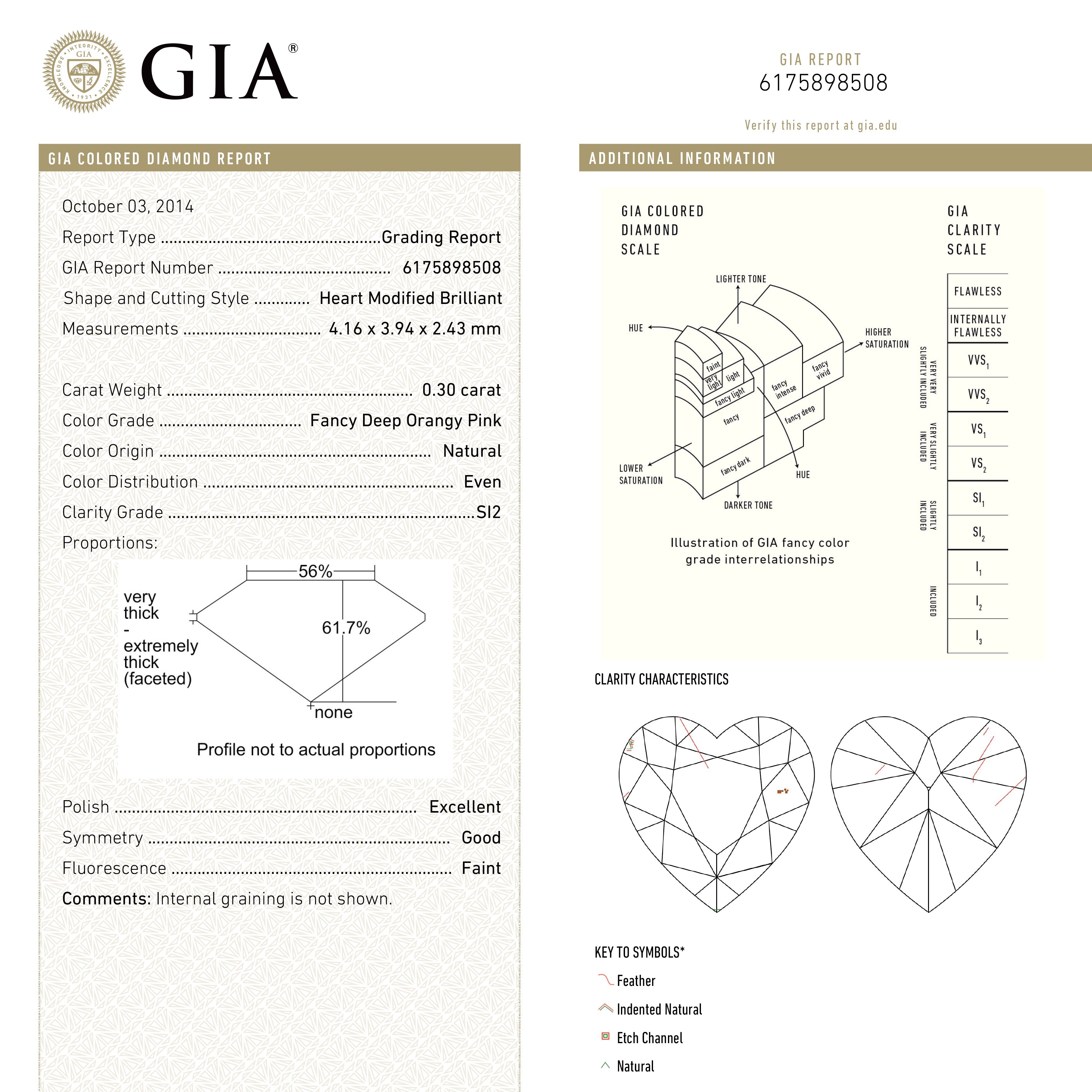 0.30ct 4.16x3.94x2.43mm GIA SI2 Fancy Deep Orangy Pink Heart Brilliant 🇦🇺 24122-01