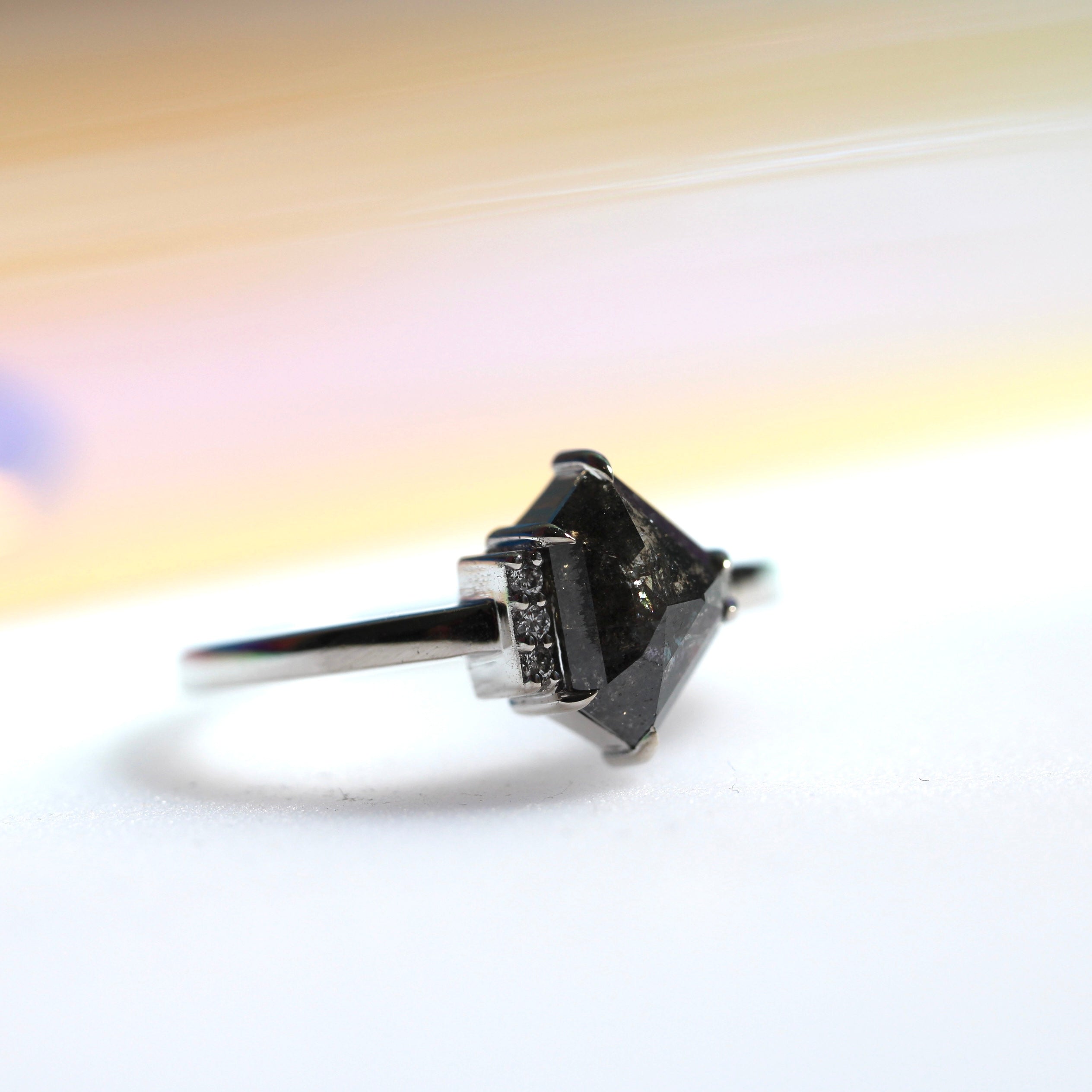 Bespoke - Salt + Pepper Accented Shield Ring - 18CT White Gold