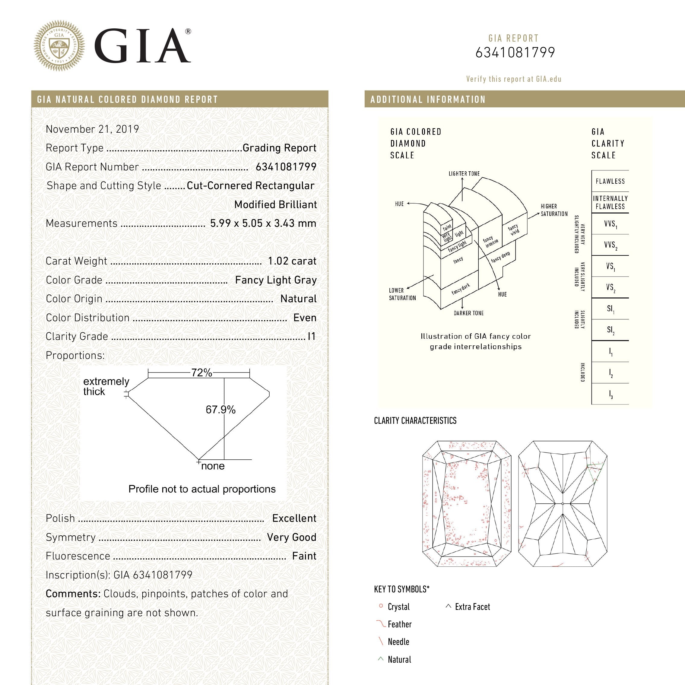 1.02ct 5.99x5.05x3.43mm GIA I1 Fancy Grey Radiant Cut 18439-01